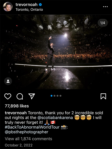 Trevor Noah Instagram Post Comedy Tour in Toronto