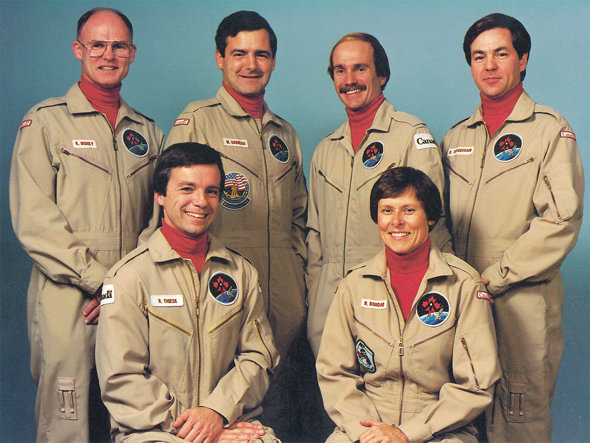 Canadian astronauts selected in 1983. Back L-R: Ken Money, Marc Garneau, Steve MacLean & Bjarni Tryggvason. Front: Robert Thirsk & Roberta Bondar. (CSA)